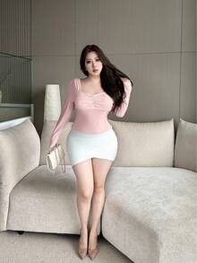 Flirla Plus Size Padded Long Sleeve Ruched Fitted Sexy Minimalist T-Shirt Fall Cloth For Women - Pink - View 7