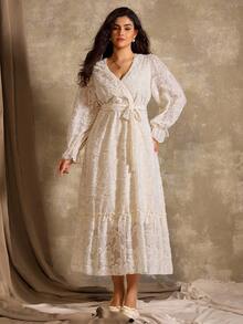Roveilla Plus Size Autumn/Winter Cutout Floral Ruffle Sleeve Elegant Dress - Apricot - View 3