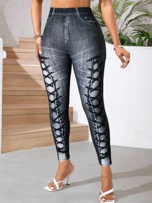 SHEIN Lady 2025 New Women's Elastic Waist Denim Effect Print Casual Leggings Chic Printing Pants For Women  Halloween Costumes  Christmas Going Out Outfit