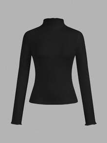 SHEIN EZwear 3 件套女式黑色高领荷叶边修身休闲长袖长 T 恤套装，适合秋冬分层穿着 - 黑色 - 查看 5