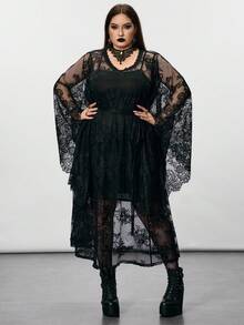 SHEIN CURVE+ Plus-Size Women's Ultra-Loose Lace-Spliced Long Black Lace Dresshalloween /Halloween Costume Women/Halloween Costumes / Halloween Shirt / Winter / Autumn
