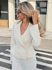 SHEIN Frenchy 女式秋季翻领长袖双排扣休闲西装外套 - 杏色 - 查看 1