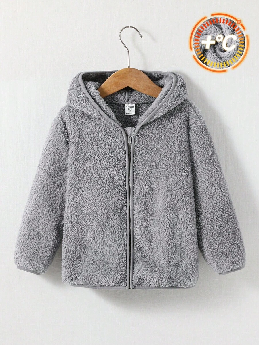 SHEIN Young Boy Casual Hooded Fleece Jacket Fall Winter - Light Grey - View 1