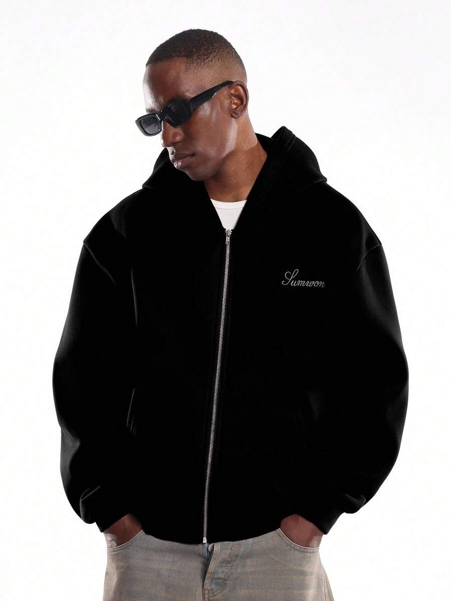 SUMWON Zip Up Hoodie With Embroidered Script Logo Plain - Black - View 1