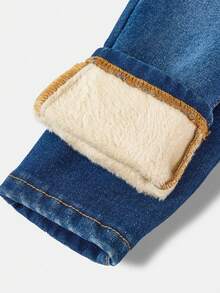 SHEIN Baby Girl Navy Blue Thermal Lined Stretchy Skinny Jeans,Add Fleece For Warmth Jeans,Fall Clothes,Autumn Clothes ,Casual And Fashionable Vacation Outfits,Fleece Leggings Winter - Dark Wash - View 4