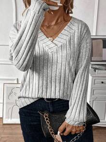 EMERY ROSE New Plus Size Women Casual V-Neck Ribbed Corduroy Fabric Long Sleeve Sweatshirt - Grey - View 6