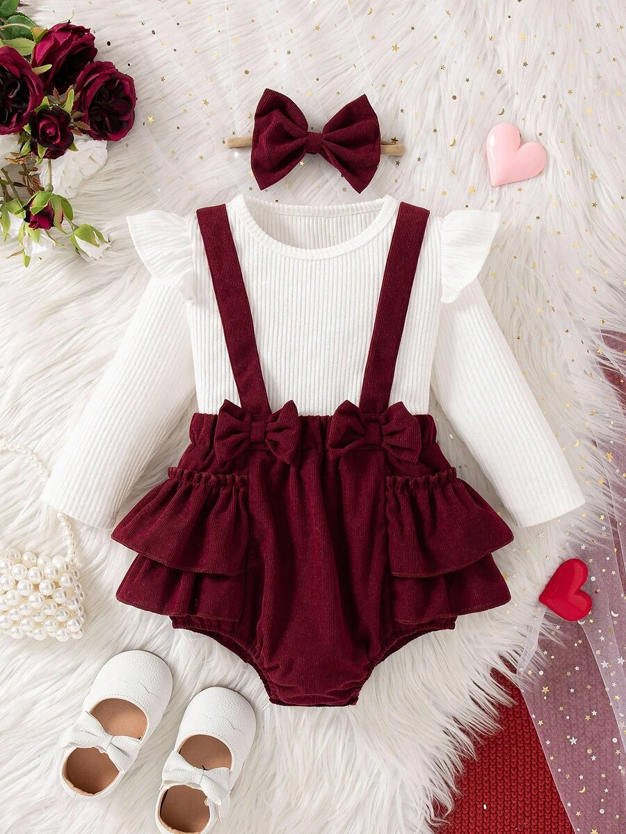 SHEIN 2 件套女婴春秋新款服装套装,罗纹长袖上衣,荷叶边袖子,灯芯绒围兜,蝴蝶结装饰,适合居家、派对穿着,配有头带 - 彩色 - 查看 1
