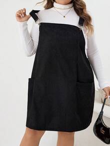 SHEIN CURVE+ Plus Size Women Black Corduroy Dress With Pockets And Adjustable Straps, Suitable For Halloween/Autumn /Winter
