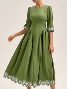 BELROSIE Nouvelle robe d'automne/hiver pour femmes avec manches lanternes, broderie sur les manches 3/4 et l'ourlet, contraste de couleurs, style français minimaliste et élégant avec taille évasée - Vert - Voir 3