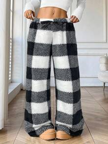 SHEIN EZwear Women's Casual Front Tie Black & White Plaid Pants, Autumn/Winter,Fall Black And White Pants Knit Pants Checkered Pants Gingham Pants