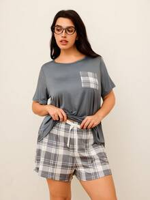 Set de 2 piezas de camiseta de unicolor con bolsillo a cuadros y pantalones de pijama a cuadros - Multicolor - Ver 3