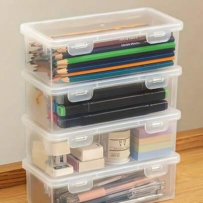 4 件套大容量透明收纳盒透明整理器带翻盖铰链盖适用于办公室学校办公室艺术工艺品用品办公桌配件返校