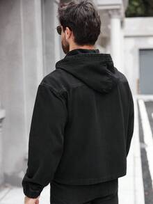 Manfinity Homme 男士口袋连帽拉链休闲纯色牛仔夹克连帽衫男朋友和丈夫男女通用舒适拉链黑色适合 OVERSIZE 外出，秋季 - 黑色 - 查看 2