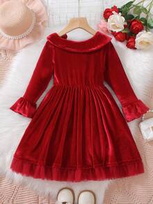 Young Girls Elegant Velvet Long Sleeve Dress, Decorated With Mesh And Bow For Vibe, Suitable For Christmas Party, Daily Wear In Autumn/Winter - Red - View 2