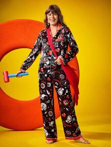 Chillnights X LOONEY TUNES 女士卡通图案长袖上衣和裤子睡衣套装，女士新奇睡衣，女士印花睡衣，女士睡衣套装，卡通睡衣，秋季服装 - 黑色 - 查看 5