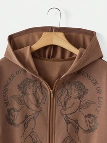 SHEIN EZwear 大码女式天使图案拉链卫衣，休闲日常穿着，秋冬女装 - 棕色 - 查看 3