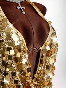 Amplova Conjunto de 2 peças plus size feminino, cor sólida, com decote drapeado e minissaia justa, sexy e moderno - Ouro - Ver 5