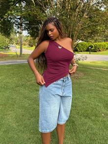 Tyla Gomez 情人节勃艮第红色扭纹单肩上衣优雅修身女士上衣 - 酒紅色 - 查看 4