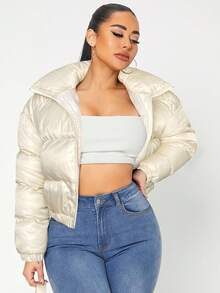 SHEIN SXY 性感拉链漏斗领冬季外套 - 米色 - 查看 1