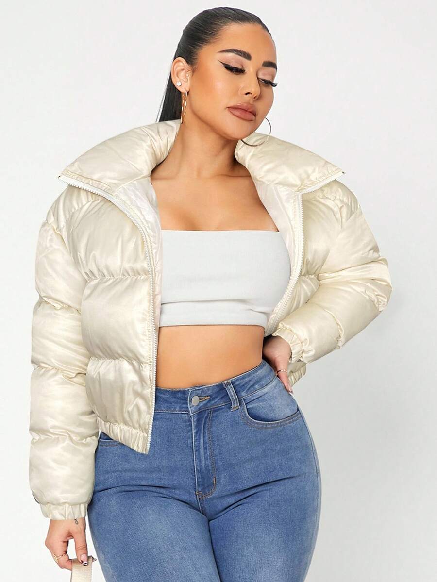 SHEIN SXY 性感拉链漏斗领冬季外套 - 米色 - 查看 1