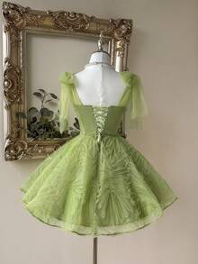 Lovelzi 优雅浅绿色网纱无肩带系带蝴蝶结刺绣贴花A字薄纱层叠毕业/生日/婚礼/正式派对礼服、舞会礼服、下午茶礼服、毕业典礼礼服、女士毕业礼服、返校礼服、情人节礼服 - 薄荷綠 - 查看 2