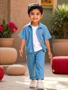 SHEIN Young Boy Solid Texture Short Sleeve Shirt And Pants Two Pieces Set - Blue - View 8