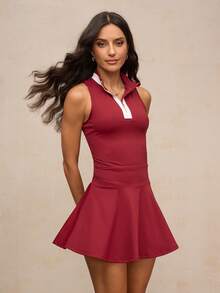 Activina 女式撞色拉链半襟无袖口袋运动连衣裙 - 紅白色 - 查看 4