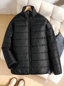 SHEIN Teen Girl Elastic Waist Padded Padded Coat, Winter - Black - View 1