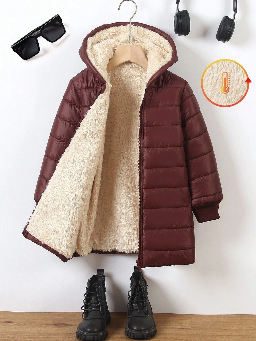 SHEIN Girls' Zip-Up Hooded Plush Lined Padded Coat, Back To School Season Fall Winter - Chocolate Brown - View 1