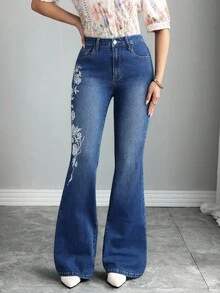 Elenzga Jeans évasés avec broderie florale - Bleu azur - Voir 5