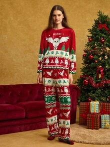 HARRY POTTER X SHEIN 女士圣诞卡通猫头鹰印花圆领长袖上衣和裤子睡衣套装，秋冬服装 - 紅色 - 查看 3