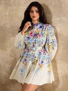 Roveilla 大码女式花卉印花立领灯笼袖优雅连衣裙 - 彩色 - 查看 4