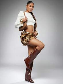 SHUZIA 女士时尚舒适尖头及膝高跟坡跟靴 - 巧克力棕 - 查看 3