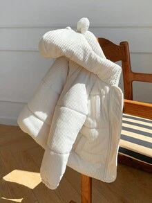 SHEIN 幼儿休闲长袖连帽夹克，带有可爱的 3D 耳朵设计，毛绒绒面料，秋冬女童服装