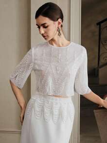 Anewsta 女士高端水钻装饰性感优雅街头风格披肩，适合宴会、生日派对、鸡尾酒会 - 白色 - 查看 3