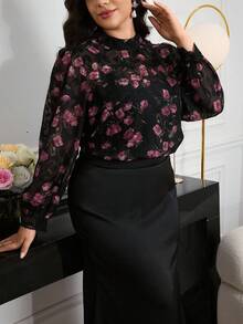 Modelyn 女式立领灯笼袖雪纺提花蕾丝拼接优雅百搭大码衬衫 - 彩色 - 查看 5