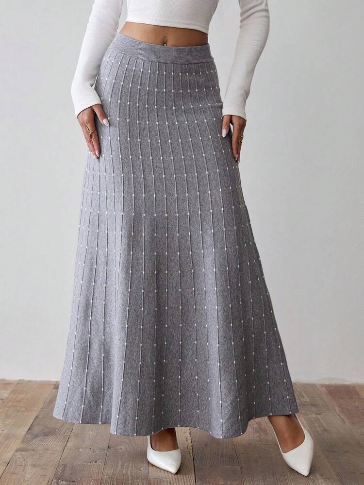 RosyDaze 欧美新款时尚博主同款设计简约优雅3D波点修身中长A字针织裙 - 灰色 - 查看 1