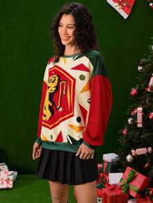 HARRY POTTER X SHEIN Women's Casual Christmas Geometric Print Color Block Dropped Shoulder Loose Pullover Sweatshirt - Multicolor - View 3