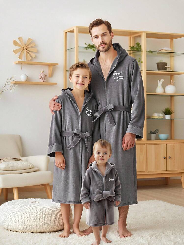 Baby Boy Dark Grey Letter Embroidered Long Sleeve Hooded Fleece Robe Sleepwear Baby Boy Robes Baby Boy Bathrobe Fall Winter - Dark Grey - View 3