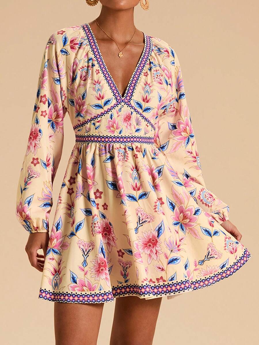 Travachic 女式花卉印花V领长袖迷你连衣裙 - 粉色 - 查看 1