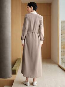Uhlyne Color Block Splice Casual French Effortless Style Minimalist Long Dress, Loose Tie Waist High-End OL Commuter Shirt Style Long Sleeve Dress For Women - Khaki - View 2