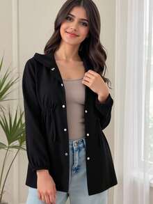 SHEIN Explorewe Teen Girl Casual Commute Hooded Jacket - Black - View 1
