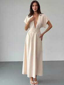 Aloruh Đầm dài cổ chữ V thanh lịch màu mơ, eo cao dành cho nữ - Màu be - Xem 5