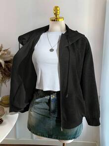 SHEIN EZwear 秋冬大码前拉链长袖连帽带口袋运动衫 - 黑色 - 查看 6