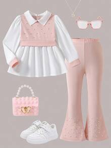 SHEIN 年轻女孩两件套：珍珠装饰修身长袖衬衫 + 修身喇叭裤，春秋季休闲装 - 粉色 - 查看 3