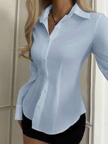 SHEIN EZwear 浅蓝色女士休闲腰部收紧长袖纽扣衬衫，适合秋冬季 - 淺藍色 - 查看 5