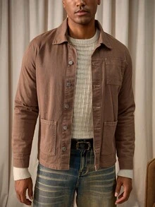 Manfinity Homme Casual Khaki Loose Cargo Denim Jacket, Spring/Summer Cowboy Western Regular Washed Pocket For Work - Khaki - View 5