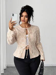 Elenzga Chaqueta versátil de cuello redondo con diseño de lazo texturizado, manga larga, cintura con lazo y pliegues delanteros, ideal para el otoño temprano, talla grande