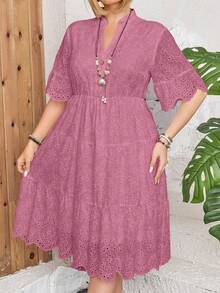 Breezaya 大码女式度假刺绣镂空V领短袖休闲连衣裙 - 粉色 - 查看 3