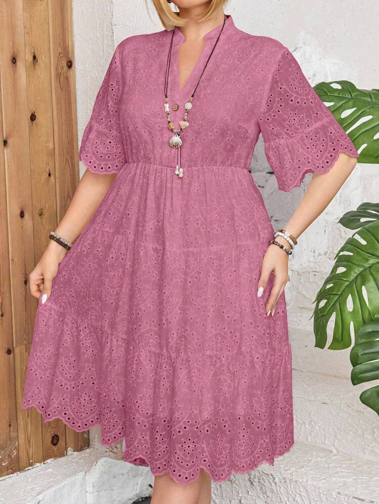 Breezaya Vestido casual de manga corta con cuello en V hueco y bordado para mujeres de talla grande - Rosa - Añade 3